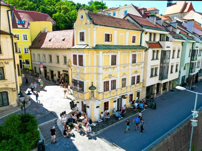 Visitors frequent the House of the Good Shepherd in Old Town, Bratislava, Slovakia