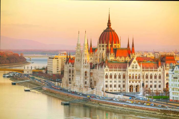 The Hungarian Parliament building alongside the Danube River in Budapest.