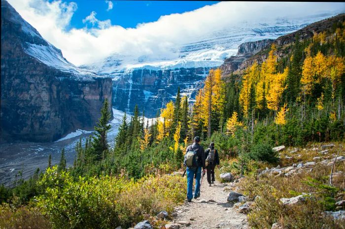 Two hikers traverse a trail against the backdrop of the towering mountains in Banff National Park.