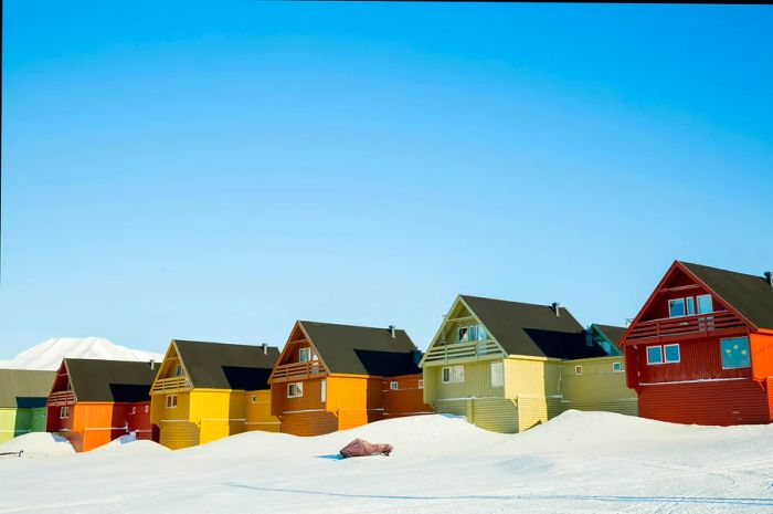 Snow-covered houses in Longyearbyen, Svalbard