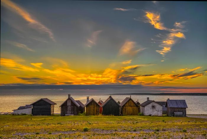 A picturesque fishing village at dawn, overlooking the Baltic Sea