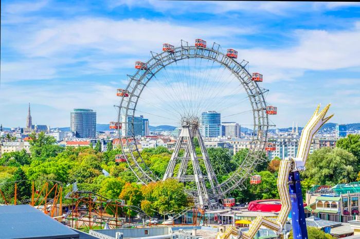 A view over the Prater featuring the Ferris Wheel and Vienna’s skyline, Austria