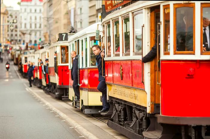 The vintage tram parade travels along the central streets of Prague