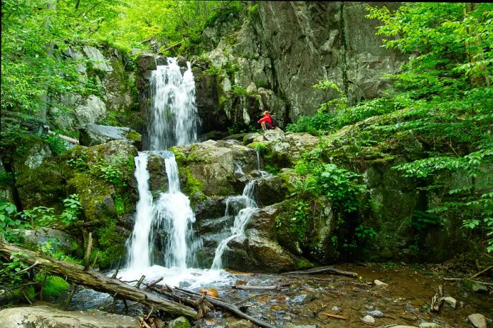 A hiker relaxes on rocks beside a flowing waterfall