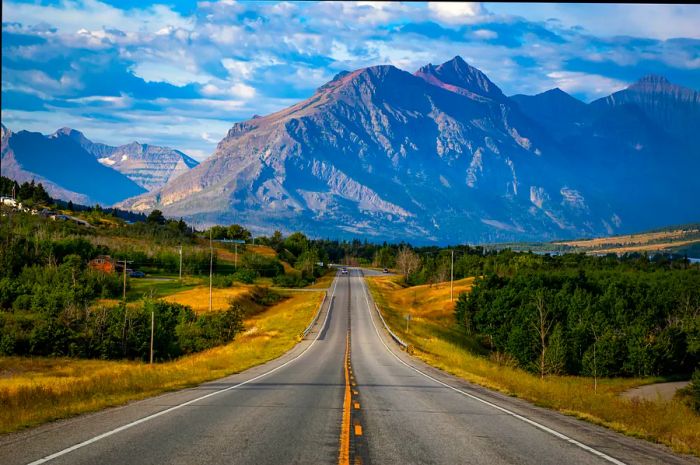 A secluded road winding toward the mountains in Montana