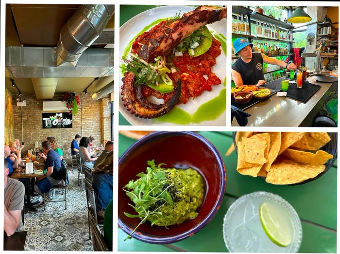 A collage featuring diners in a restaurant alongside a variety of dishes, including sushi