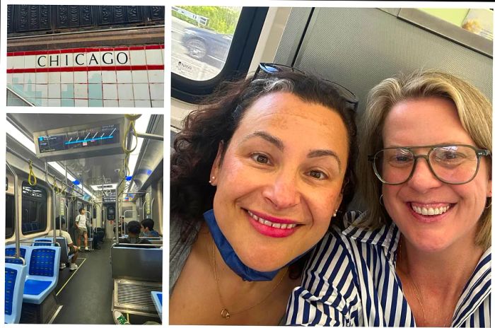 A collage featuring an L Train carriage and two friends capturing a selfie on board