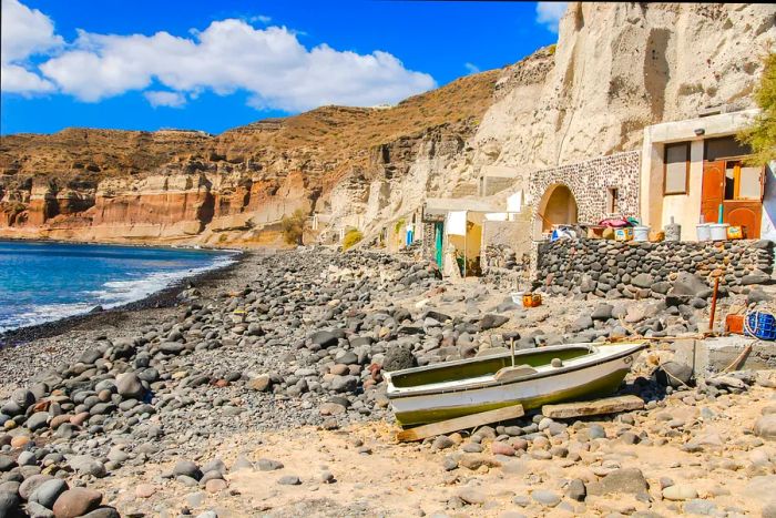 The otherworldly terrain of Mesa Pigadia Beach on the southern coast of Santorini.