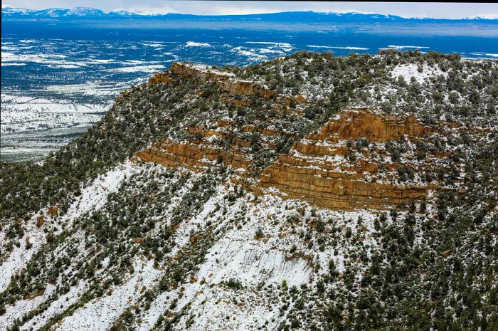 A rolling landscape adorned with a light layer of snow