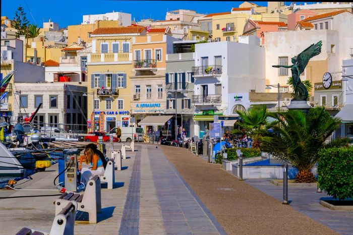 Ermoupoli's waterfront featuring the National Resistance Monument