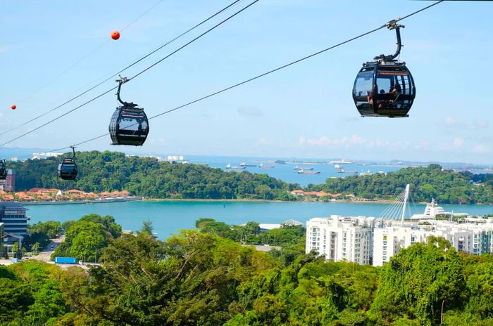 Cable cars soaring above Mount Faber in Singapore