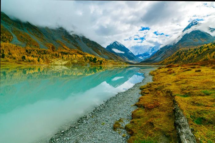 Lake Akkem with Mt. Belukha looming in the background, Altai Mountains, Kazakhstan