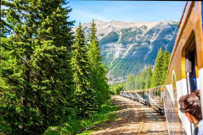 A traveler leans out of a train window in an open carriage to take in the breathtaking mountain views.