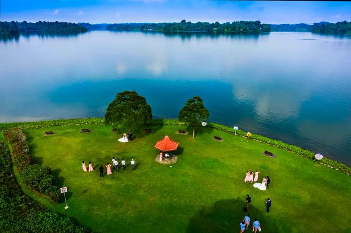 An aerial perspective of Upper Seletar Reservoir Park showcasing people enjoying the lawn.