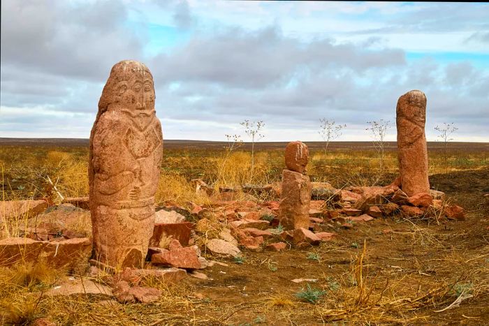 Balbal statues marking burial mounds at Zhaisan, Kazakhstan