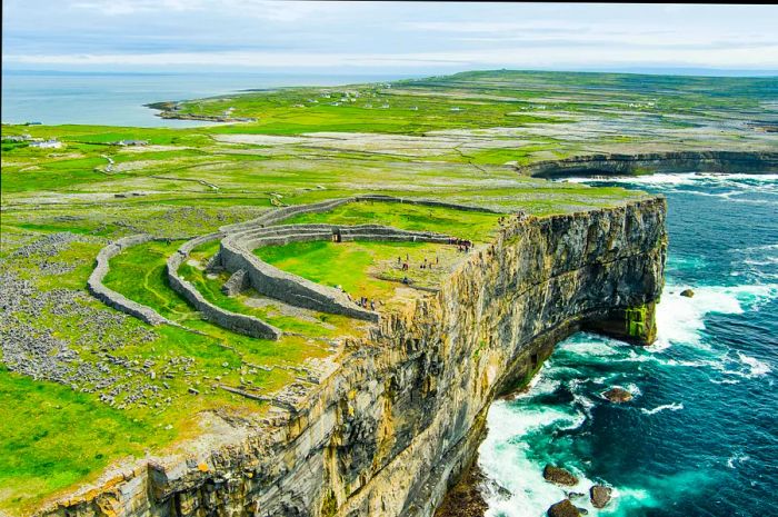 Aerial view of Dún Aonghasa, the largest prehistoric stone fort on the Aran Islands.