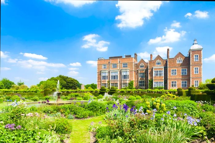 Hatfield House with its beautiful garden in Hertfordshire, England.