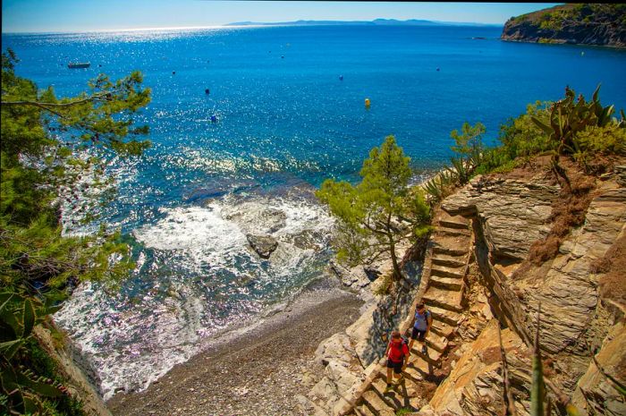 Aerial view of hikers descending steps to a hidden beach along the Camí de Ronda, Costa Brava