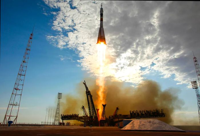 The Soyuz TMA-05M rocket launches from the Baikonur Cosmodrome, Kazakhstan