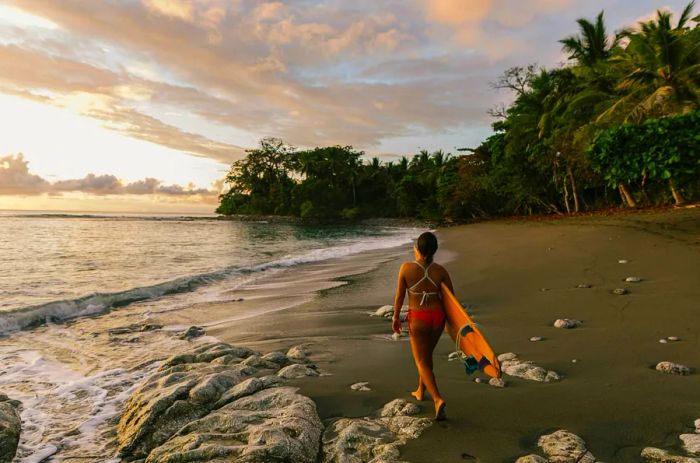 A woman strolls along a Costa Rican beach at sunset, carrying a surfboard