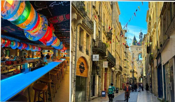 Collage: Mama Shelter hotel lobby and a street scene in Bordeaux, France