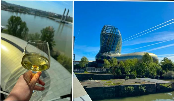 Collage: a glass of wine paired with the striking Cité du Vin building in Bordeaux, France