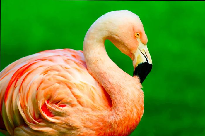 A side view of a Chilean flamingo against a lush green backdrop.