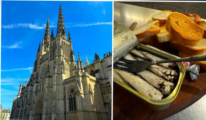 Image collage: Saint Andrew Cathedral and canned seafood at Vins Urbains in Bordeaux, France