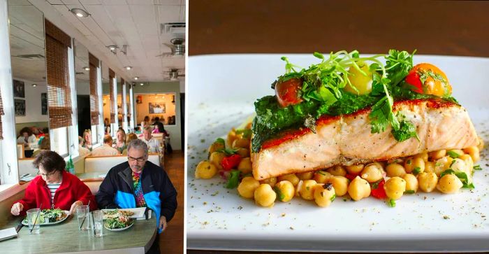 On the left, two diners enjoy their meals in booths. On the right, a featured entree.