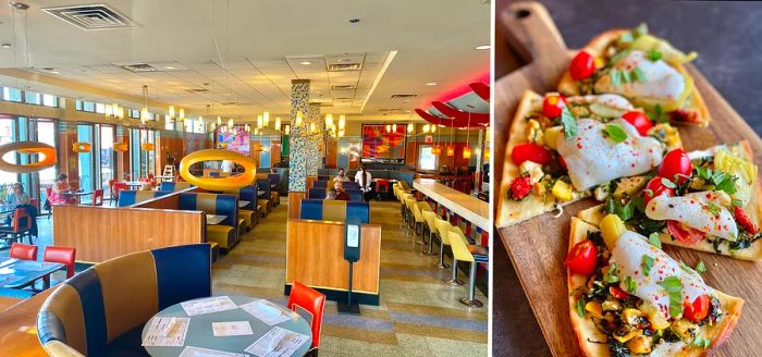 Left: the vibrant interior of a diner featuring booths and bright colors. Right: a tempting appetizer