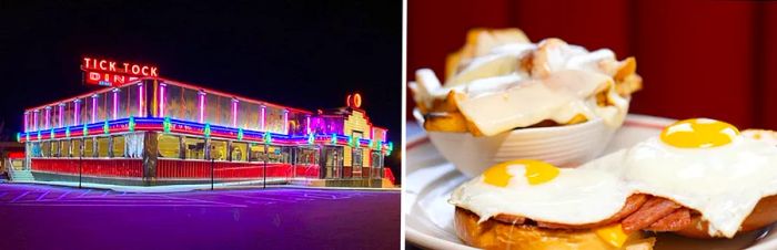 Left: The neon-lit facade of a roadside diner. Right: A breakfast dish.