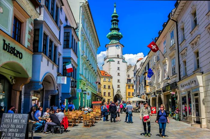 Stroll through the charming streets of Bratislava’s Old Town, Slovakia.