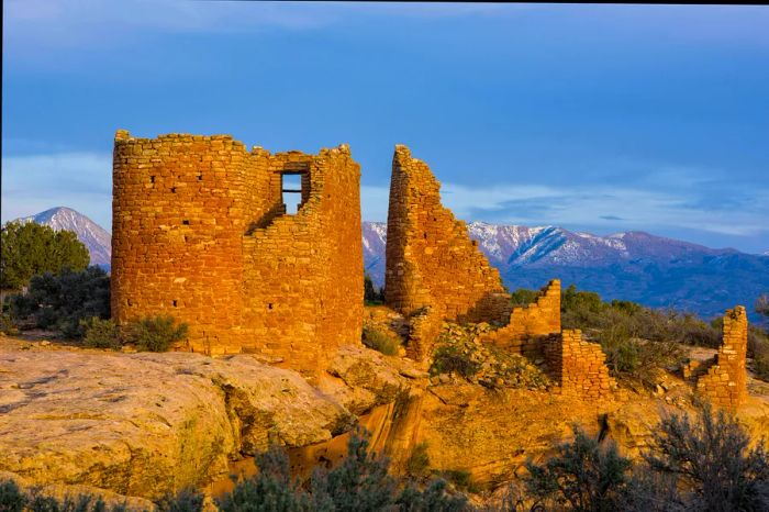 The Hovenweep Pueblo Ruins glow beautifully at sunset.