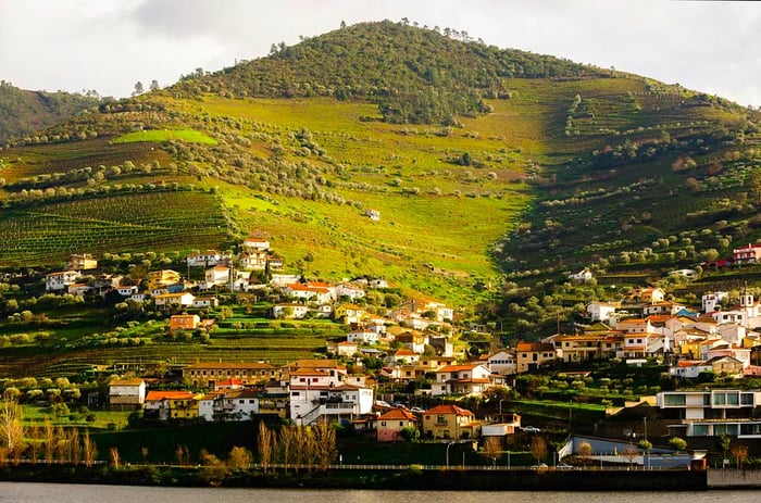 Houses nestled into the hillside alongside a river