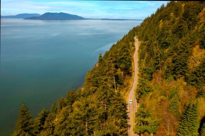 A vehicle travels along a coastal highway, bordered by the sea on one side and autumn foliage on the other.