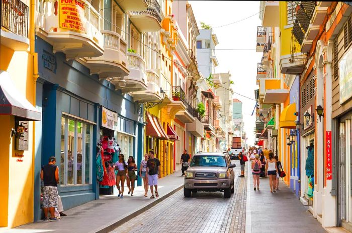 Shoppers exploring the vibrant streets of San Juan, Puerto Rico