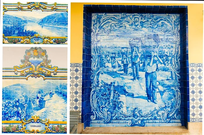 Station walls adorned with blue and white tiles showcasing scenes of rural farm life