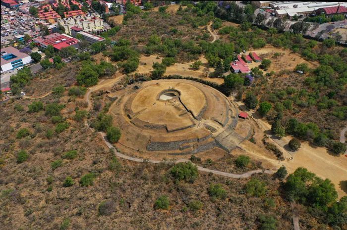 Aerial view of the Cuicuilco Pyramid located in Mexico City, Mexico