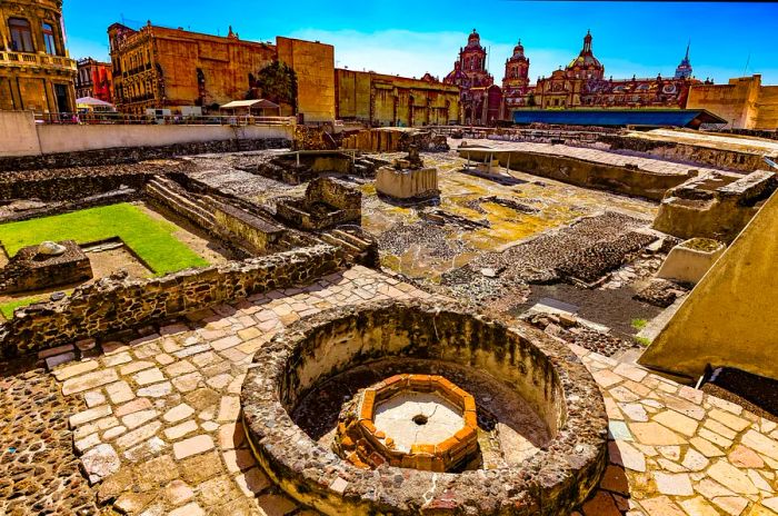 The excavated remains of the Aztec Templo Mayor located in the heart of Mexico City, Mexico