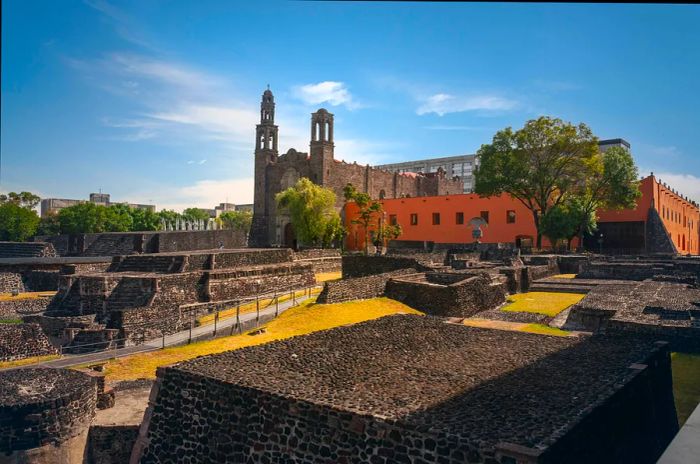 This public square, which contains the remnants of an Aztec city, was the location of the 1968 Tlatelolco Massacre, known as Plaza de las Tres Culturas in Tlatelolco, Mexico City, Mexico