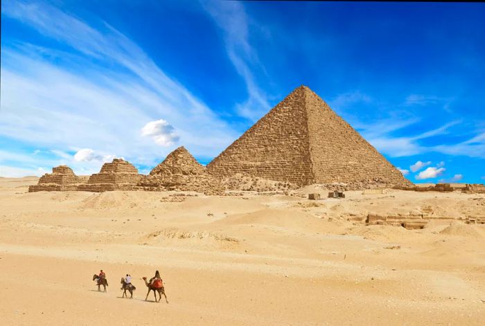 Camels in the foreground of the Pyramids at Giza