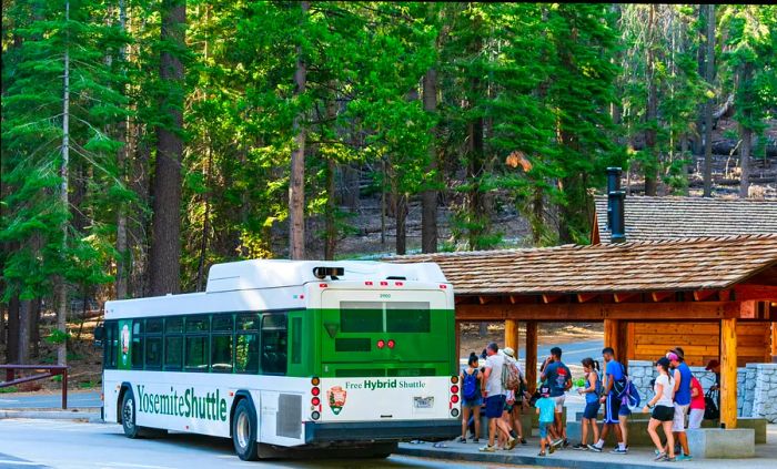 Visitors board a free shuttle service at Yosemite Valley to explore the park.