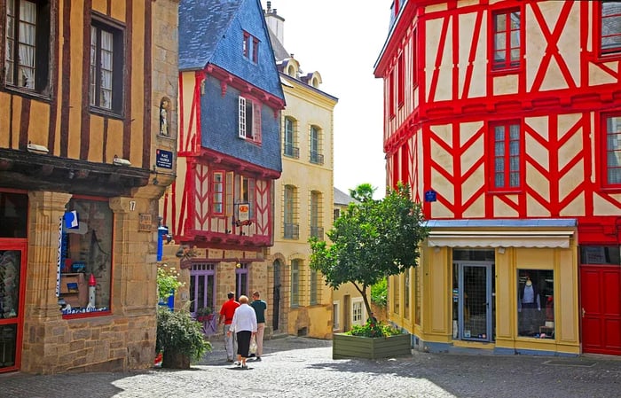 Vibrant half-timbered houses in the heart of Vannes, Brittany, France