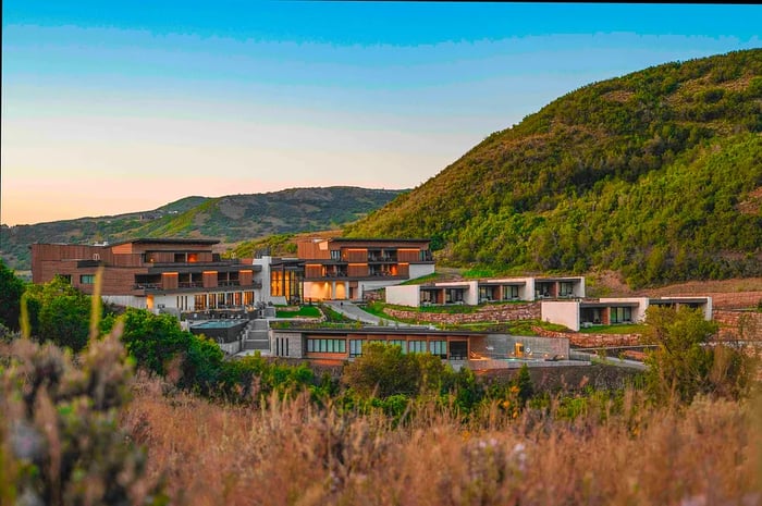 The summer facade of the Lodge at Blue Sky