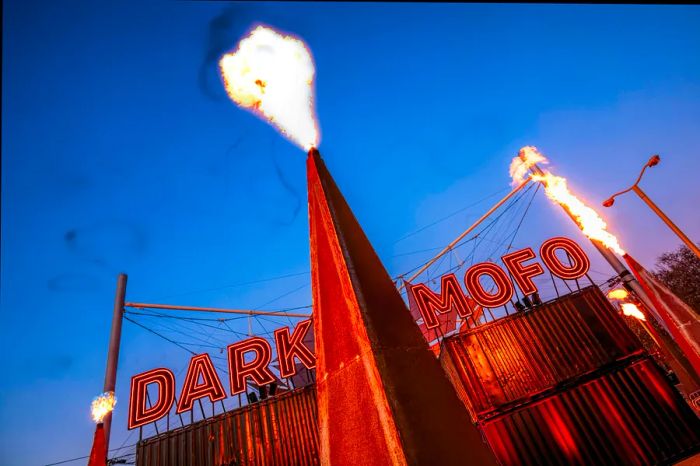 Flames erupt at the entrance of the Dark Mofo winter festival in Hobart.