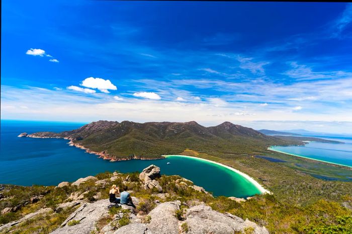 Wineglass Bay as seen from the summit of Mt. Amos, a popular hiking destination in Freycinet National Park, Tasmania, Australia.