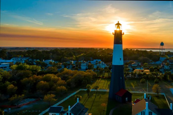 A stunning aerial view of the historic Tybee Island Light, officially known as such, captured at dusk.