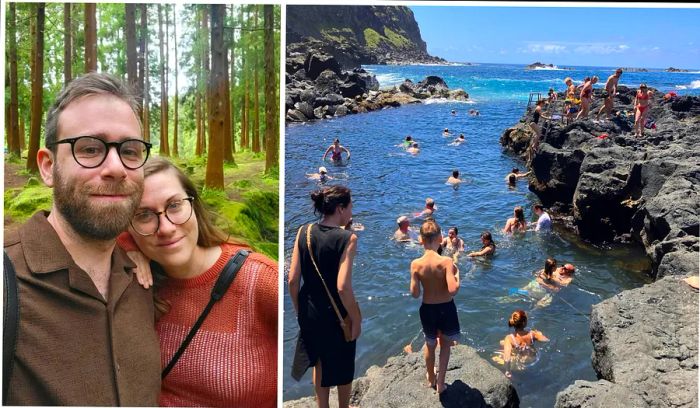 Erin and her husband enjoy a moment in a forest in the Azores, swimming in rocky thermal pools.