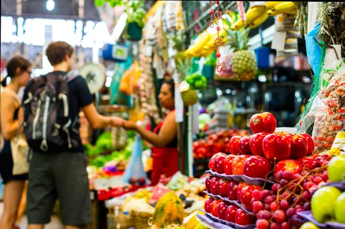 A vibrant fruit stall at San Telmo Market, Buenos Aires, Argentina