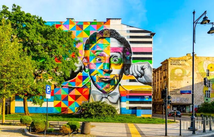 A whimsical mural of a man making a funny face decorates a building in Łódź.